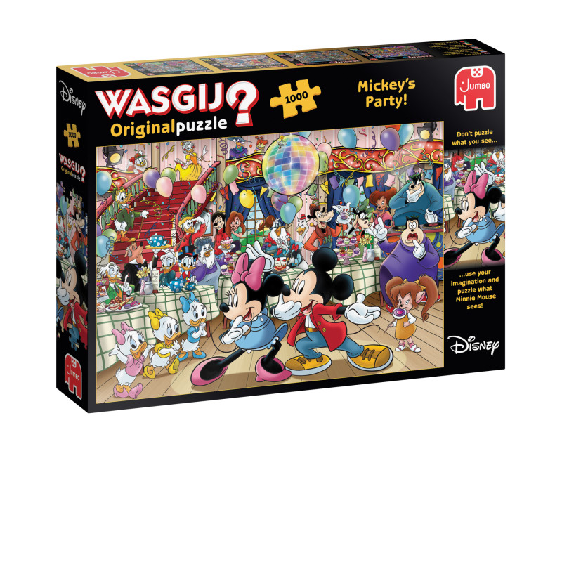 Box eines 1000-teiligen Disney Wasgij Puzzles mit Micky Maus und Freunden auf einer bunten Party-Szene. Box eines 1000-teiligen Disney Wasgij Puzzles mit Micky Maus und Freunden auf einer bunten Party-Szene.