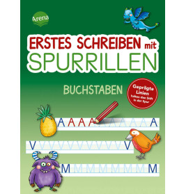 Grünes Deutsch-Arbeitsheft mit Buchstaben, Stift, Drache, Ananas, Vogel, lila Monster und rotem Aufkleber.