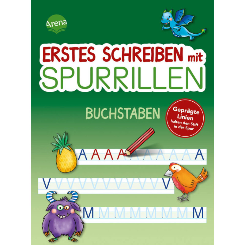 Grünes Deutsch-Arbeitsheft mit Buchstaben, Stift, Drache, Ananas, Vogel, lila Monster und rotem Aufkleber.