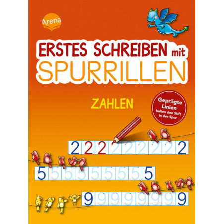 Arbeitsheft: Erstes Schreiben mit Spurrillen - Zahlen, mit Zahlen, Vögeln und einem Drachen auf dem Cover.