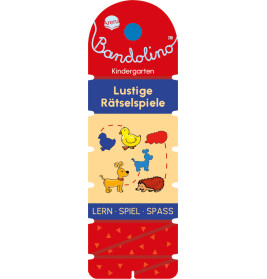 Bunte Bandolino-Spielkarte mit Comic-Tieren und deutschem Text für ein Kindergarten-Puzzle.