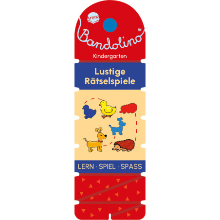 Bunte Bandolino-Spielkarte mit Comic-Tieren und deutschem Text für ein Kindergarten-Puzzle.