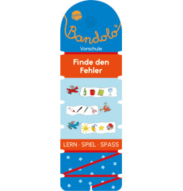 Blau-rote Bandolo-Karte mit deutschem Text und kleinen Illustrationen für ein Vorschul-Lernspiel.