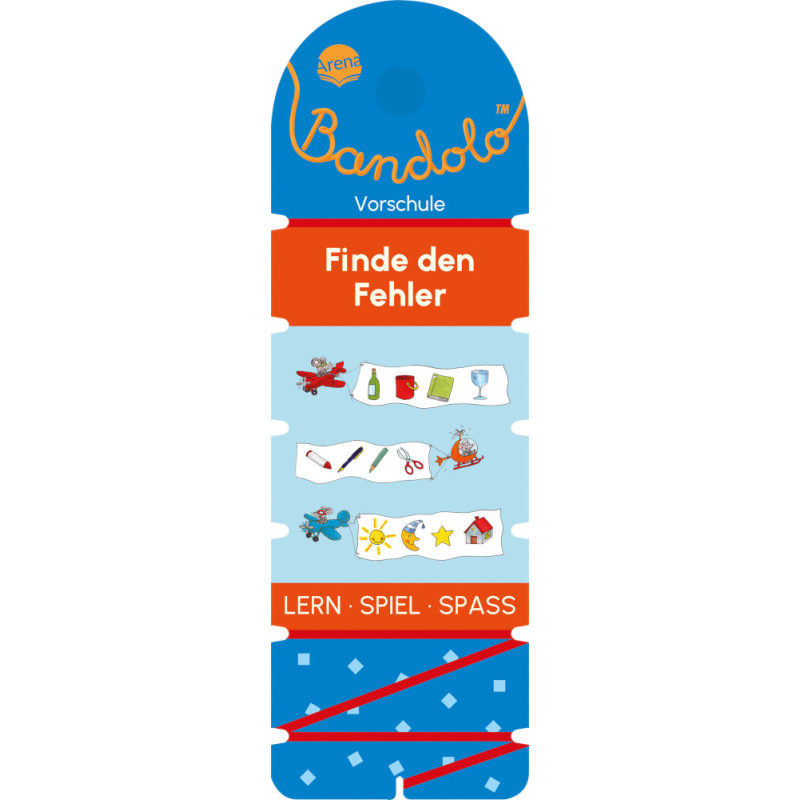 Blau-rote Bandolo-Karte mit deutschem Text und kleinen Illustrationen für ein Vorschul-Lernspiel.