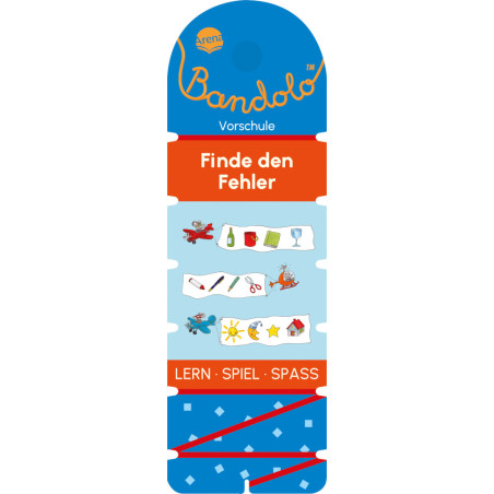 Blau-rote Bandolo-Karte mit deutschem Text und kleinen Illustrationen für ein Vorschul-Lernspiel.