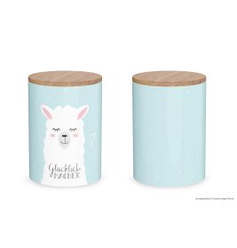 Zwei hellblaue Dosen mit Holzdeckel, eine davon mit Lama-Gesicht und dem Schriftzug Glücklich Macher.