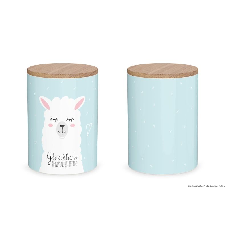 Zwei hellblaue Dosen mit Holzdeckel, eine davon mit Lama-Gesicht und dem Schriftzug Glücklich Macher.