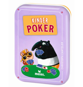 Lila Blechdose für Kinder-Poker mit Cartoon-Tieren, die gemeinsam am Tisch Karten spielen.