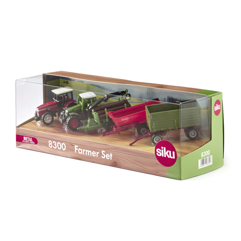 Spielzeug-Bauernset mit roten Traktoren, grünen Anhängern in Klarsichtbox, beschriftet als siku 8300 Farmer Set. Spielzeug-Bauernset mit roten Traktoren, grünen Anhängern in Klarsichtbox, beschriftet als siku 8300 Farmer Set.