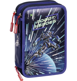 Blaues Etui mit Robot Heroes Design: ein Roboter in Aktion vor Weltraummotiv.