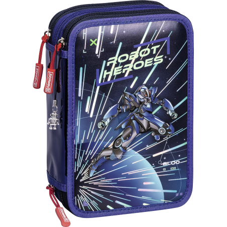Blaues Etui mit Robot Heroes Design: ein Roboter in Aktion vor Weltraummotiv. Blaues Etui mit Robot Heroes Design: ein Roboter in Aktion vor Weltraummotiv.