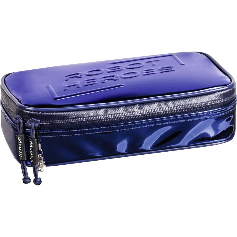 Glänzendes, blaues, rechteckiges Etui mit Reißverschluss und geprägtem ROBOT HEROES-Schriftzug oben.