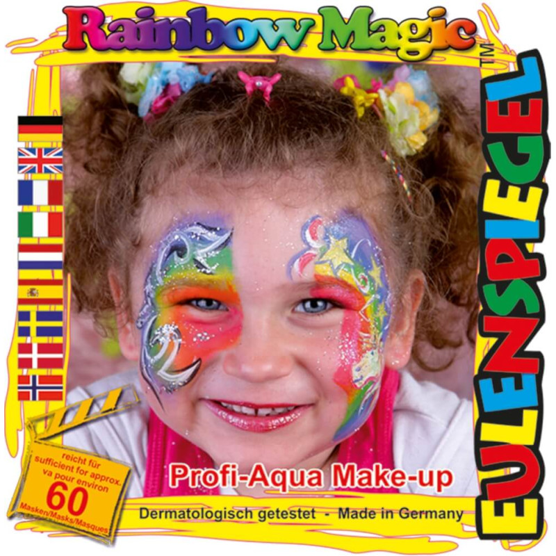 Lächelndes Kind mit buntem Regenbogen- und Einhorn-Gesicht, umgeben von farbenfrohem Rainbow Magic Verpackungen.