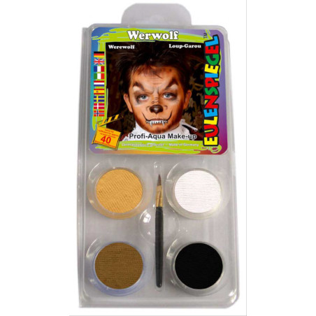 Werwolf-Schminkset mit vier Farben, Pinsel und Beispielbild eines Kindes mit Werwolf-Make-up.