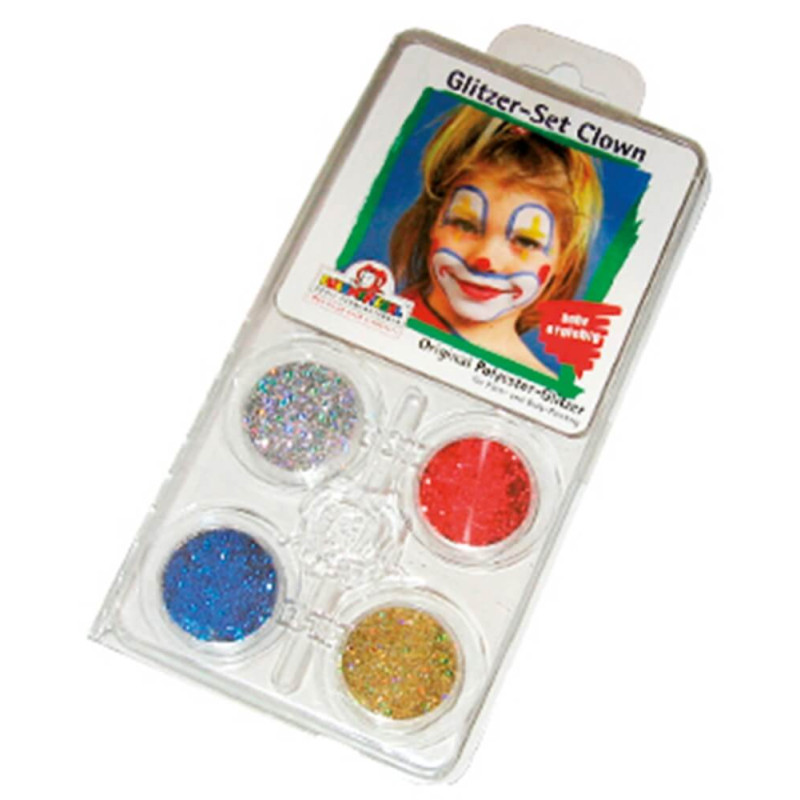 Plastikpackung mit vier Glitzerfarben und einem Clownfoto mit bunter Schminke auf dem Etikett.