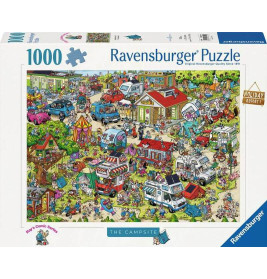 Buntes Cartoon-Motiv eines belebten Zeltplatzes mit Zelten, Fahrzeugen und Menschen auf einer 1000-Teile-Puzzlebox.
