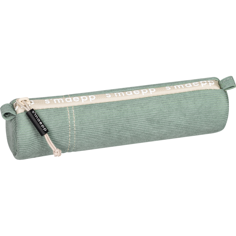 Zylindrisches, hellgrünes Stoffmäppchen mit beigem Reißverschluss und Smaepp-Schriftzug am Verschluss.