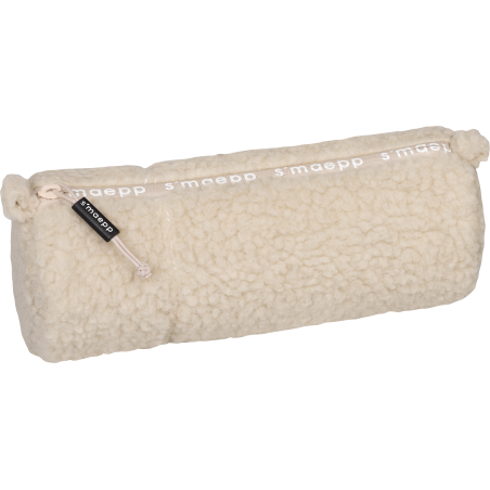 Cremefarbenes, flauschiges Etui mit Reißverschluss und dem Aufdruck "smaepp" am oberen Rand.