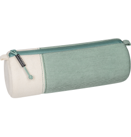 Zylindrisches Etui mit mintgrünem Korpus, cremefarbenem Ende und grünem Reißverschluss.