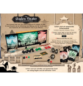 Das Brettspiel The Shadow Theater ist mit Spielfiguren, Karten und illustrierten Tafeln auf einem Tisch aufgebaut.