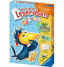 Bunte Leseraben Vorschul-Box mit einem Vogel, der Bücher und Lernmaterialien hält.