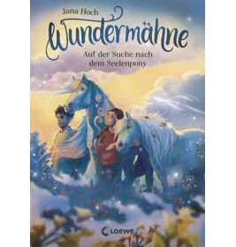 Buchcover von Wundermähne: Ein Mädchen umarmt zwei blau-weiße Pferde in verschneiter, verträumter Landschaft.