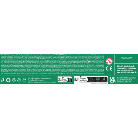 Grünes Verpackungsetikett mit weißer Schrift, Recycling- und Sicherheitssymbolen sowie Herstellerkontakt.