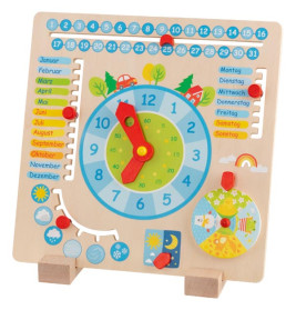 Holzuhr für Kinder mit beweglichen Zeigern, Tagen, Monaten und Wettersymbolen zur spielerischen Wissensvermittlung.