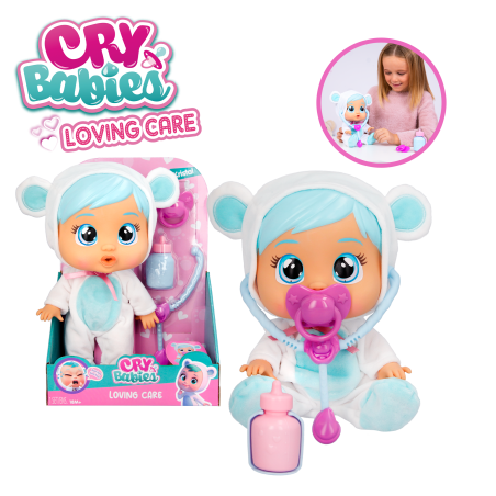 Cry Babies Loving Care Puppe mit blauen Haaren, Schnuller, Fläschchen und Kind, das mit der Puppe spielt (kleines Kreisbild).