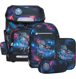 Taschen und Etuis mit Galaxie-Muster, alle mit einem Drachen- und Rittermotiv verziert.