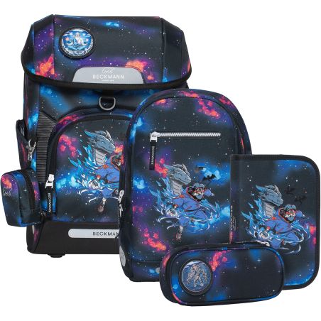 Taschen und Etuis mit Galaxie-Muster, alle mit einem Drachen- und Rittermotiv verziert.
