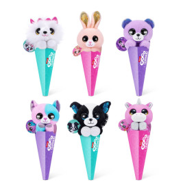 Sechs Plüschtiere (Panda, Hase, Bär, Katze, Hund, Einhorn) in bunten, kegelförmigen Verpackungen.