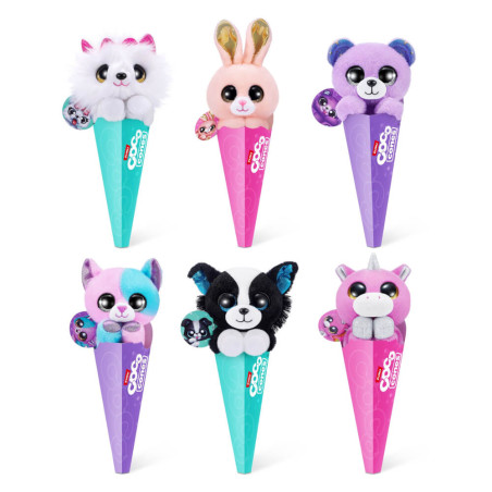 Sechs Plüschtiere (Panda, Hase, Bär, Katze, Hund, Einhorn) in bunten, kegelförmigen Verpackungen.