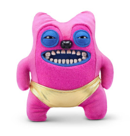 Ein rosa Plüschtier mit breitem blauem Grinsen, großen Zähnen, blauen Augen und goldener Shorts vor weißem Hintergrund.