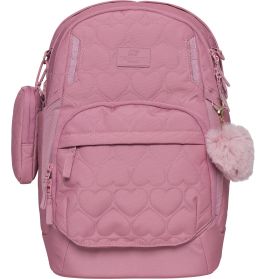 Rosa Rucksack mit Herzmuster, kleiner Seitentasche und flauschigem Pompon-Anhänger.