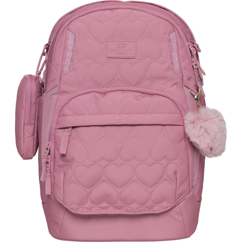 Rosa Rucksack mit Herzmuster, kleiner Seitentasche und flauschigem Pompon-Anhänger.