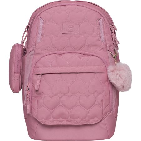 Rosa Rucksack mit Herzmuster, kleiner Seitentasche und flauschigem Pompon-Anhänger.