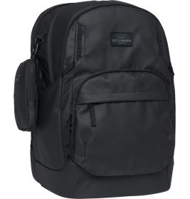 Schwarzer Rucksack mit einer Tasche.