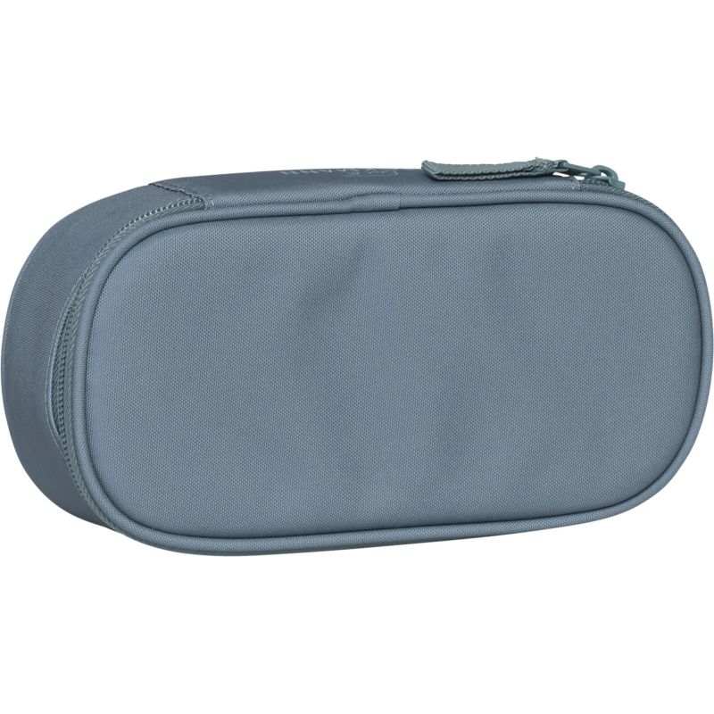 Geschlossenes, ovales Federmäppchen aus grauem Stoff mit Reißverschluss oben.