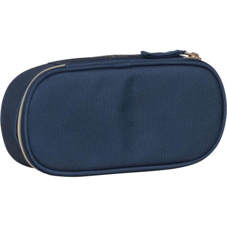 Dunkelblaues, ovales Federmäppchen mit Reißverschluss und kleinem Stoffgriff an einem Ende.