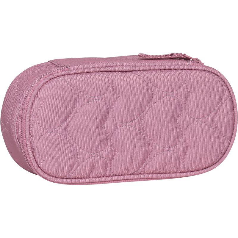 Hellrosa Reißverschlusstasche mit gesteppten Herzmustern auf dem Stoff.