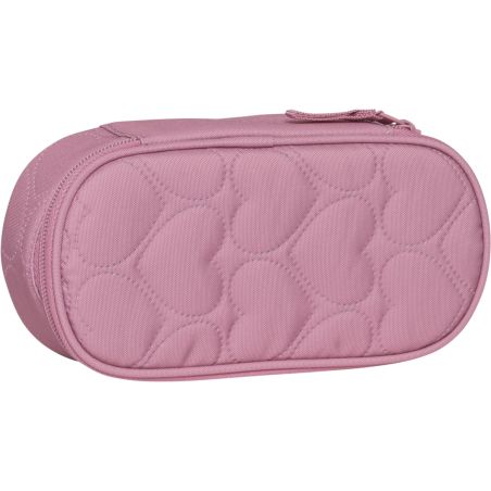 Hellrosa Reißverschlusstasche mit gesteppten Herzmustern auf dem Stoff.