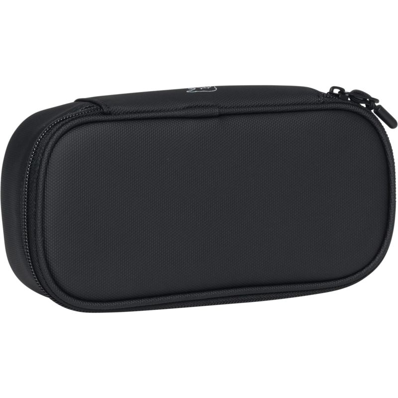 Schwarzes, rechteckiges Etui mit Reißverschluss und strukturierter Oberfläche vor weißem Hintergrund.