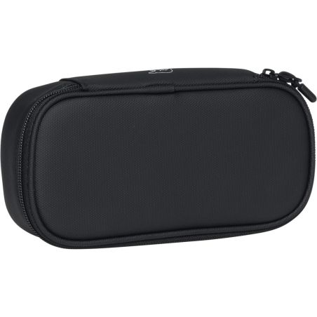 Schwarzes, rechteckiges Etui mit Reißverschluss und strukturierter Oberfläche vor weißem Hintergrund.