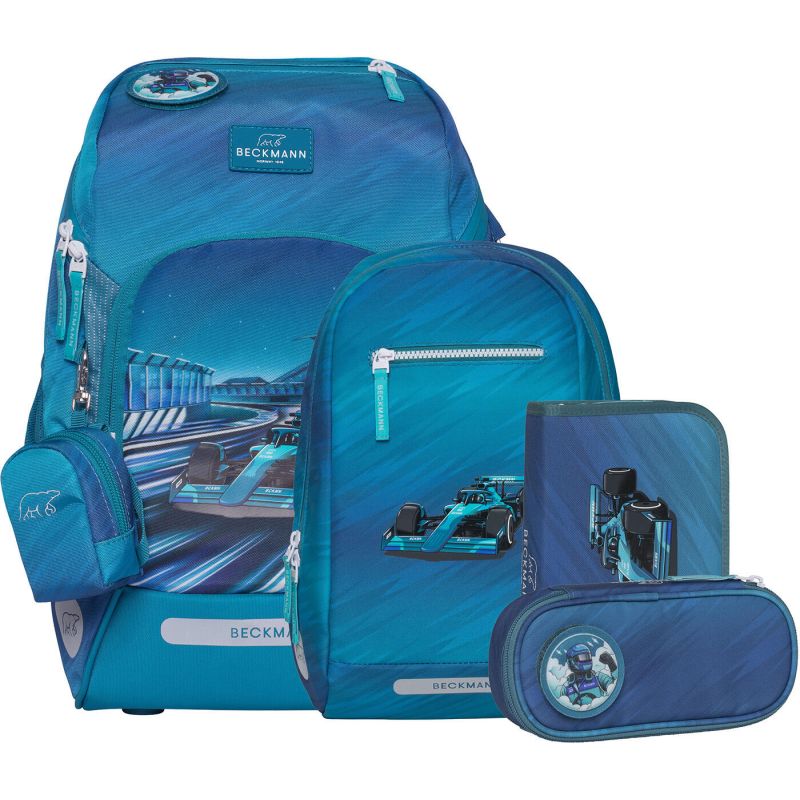 Blaues Schulranzen-Set mit Rennwagenmotiv: Rucksack, Federmäppchen und Geldbörse.