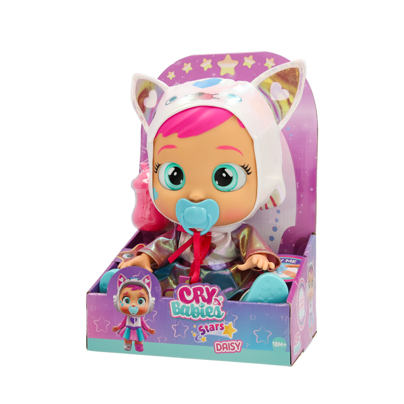 Cry Babies Daisy Puppe mit rosa Haaren, Schnuller und Einhorn-Kapuze in bunter Verpackung.