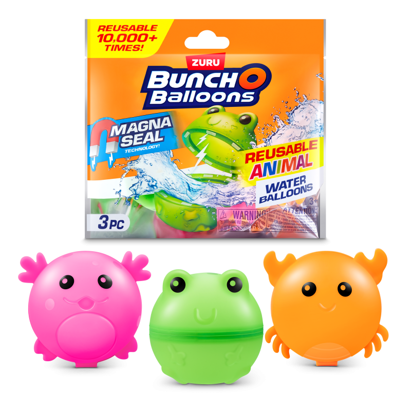 Drei bunte, wiederverwendbare Wasserballons in Frosch-, Krebs- und Oktopusform mit Verpackung.