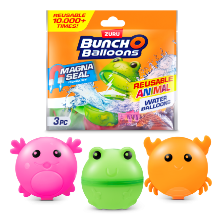 Drei bunte, wiederverwendbare Wasserballons in Frosch-, Krebs- und Oktopusform mit Verpackung.