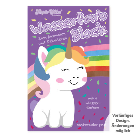Ein Einhorn mit Regenbogenmähne steht vor Regenbogenhintergrund, Konfetti und deutschem Text.