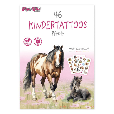 Buchcover mit zwei gezeichneten Pferden, Schriftzug 46 Kindertattoos Pferde und Vorschau auf das Tattoo-Blatt.